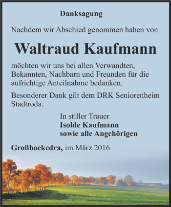 Traueranzeige von Waltraud Kaufmann von Ostthüringer Zeitung