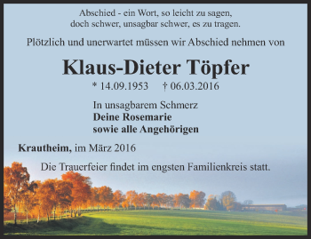 Traueranzeige von Klaus-Dieter Töpfer von Thüringer Allgemeine, Thüringische Landeszeitung