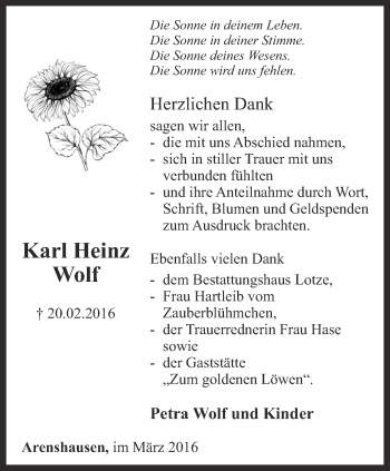 Traueranzeige von Karl Heinz Wolf von Thüringer Allgemeine