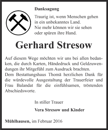 Traueranzeige von Gerhard Stresow von Thüringer Allgemeine, Thüringische Landeszeitung