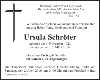 Traueranzeige von Ursula Schröter von Thüringer Allgemeine, Thüringische Landeszeitung