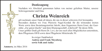 Traueranzeige von Christa Weinreich von Thüringer Allgemeine, Thüringische Landeszeitung