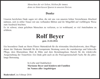 Traueranzeige von Rolf Beyer von Thüringer Allgemeine, Thüringische Landeszeitung