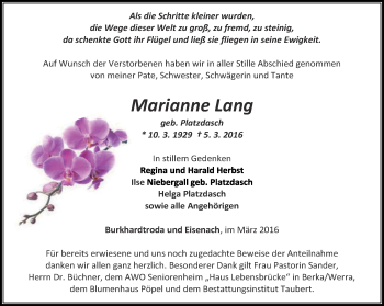 Traueranzeige von Marianne Lang von Thüringer Allgemeine, Thüringische Landeszeitung