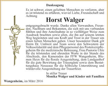 Traueranzeige von Horst Walger von Ostthüringer Zeitung, Thüringische Landeszeitung