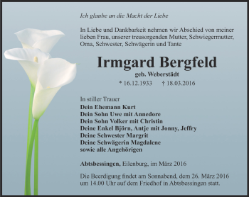 Traueranzeige von Irmgard Bergfeld von Thüringer Allgemeine