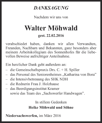 Traueranzeige von Walter Möhwald von Thüringer Allgemeine