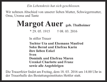 Traueranzeige von Margot Auer von Thüringer Allgemeine