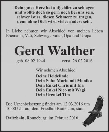 Traueranzeige von Gerd Walther von Ostthüringer Zeitung