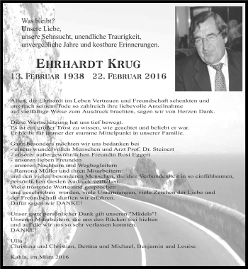 Traueranzeige von Ehrhardt Krug von Ostthüringer Zeitung, Thüringische Landeszeitung