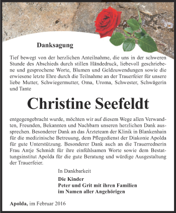Traueranzeige von Christine Seefeldt von Thüringer Allgemeine, Thüringische Landeszeitung