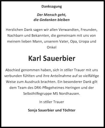 Traueranzeige von Karl Sauerbier von Thüringer Allgemeine