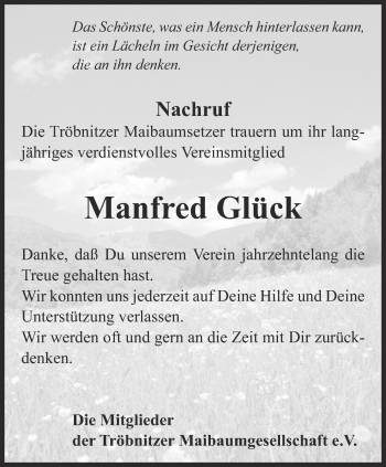 Traueranzeige von Manfred Glück von Ostthüringer Zeitung