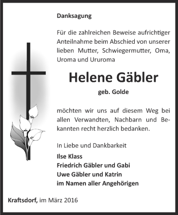 Traueranzeige von Helene Gäbler von Ostthüringer Zeitung