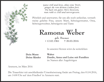 Traueranzeige von Ramona Weber von Thüringer Allgemeine, Thüringische Landeszeitung