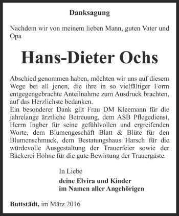 Traueranzeige von Hans-Dieter Ochs von Thüringer Allgemeine