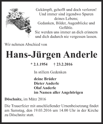 Traueranzeige von Hans-Jürgen Anderle von Ostthüringer Zeitung