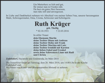 Traueranzeige von Ruth Krüger von Ostthüringer Zeitung