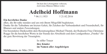 Traueranzeige von Adelheid Hoffmann von Thüringer Allgemeine, Thüringische Landeszeitung