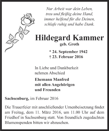 Traueranzeige von Hildegard Kammer von Thüringer Allgemeine