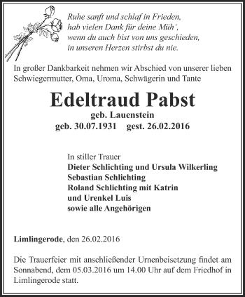 Traueranzeige von Edeltraud Pabst von Thüringer Allgemeine