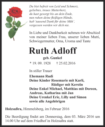 Traueranzeige von Ruth Adloff von Thüringer Allgemeine