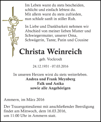 Traueranzeige von Christa Weinreich von Thüringer Allgemeine, Thüringische Landeszeitung