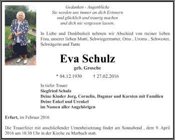 Traueranzeige von Eva Schulz von Thüringer Allgemeine, Thüringische Landeszeitung