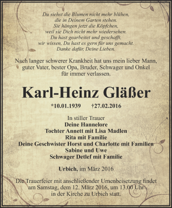 Traueranzeige von Karl-Heinz Gläßer von Thüringer Allgemeine, Thüringische Landeszeitung