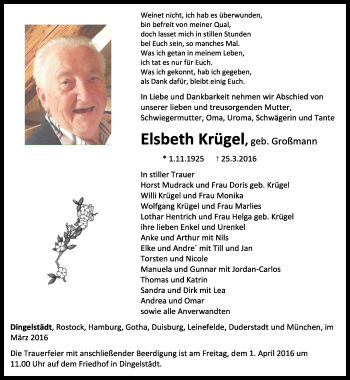 Traueranzeige von Elsbeth Krügel von Thüringer Allgemeine