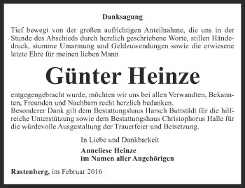 Traueranzeige von Günter Heinze von Thüringer Allgemeine
