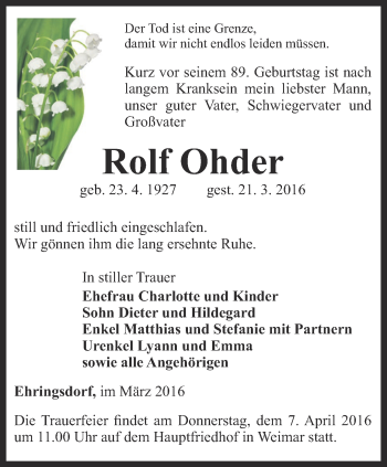 Traueranzeige von Rolf Ohder von Thüringer Allgemeine, Thüringische Landeszeitung