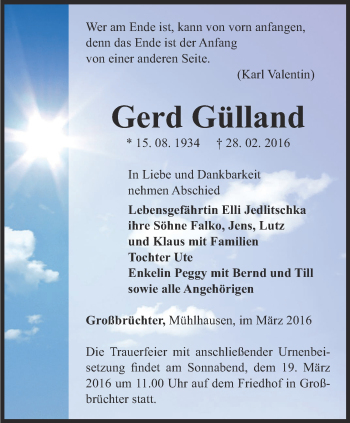 Traueranzeige von Gerd Gülland von Thüringer Allgemeine