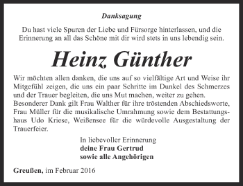 Traueranzeige von Heinz Günther von Thüringer Allgemeine
