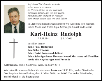 Traueranzeige von Karl-Heinz Rudolph von Thüringer Allgemeine