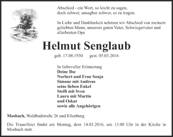 Traueranzeige von Helmut Senglaub von Thüringer Allgemeine, Thüringische Landeszeitung