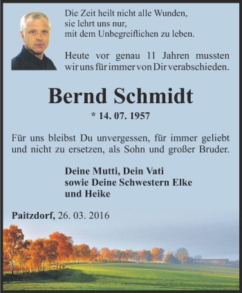 Traueranzeige von Bernd Schmidt von Ostthüringer Zeitung