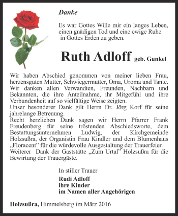 Traueranzeige von Ruth Adloff von Thüringer Allgemeine