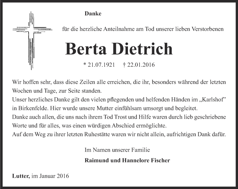  Traueranzeige für Berta Dietrich vom 03.03.2016 aus Thüringer Allgemeine