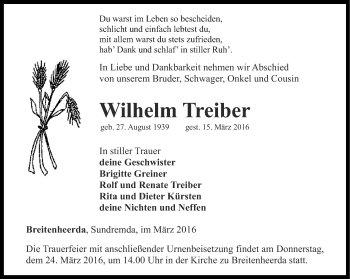 Traueranzeige von Wilhelm Treiber von Ostthüringer Zeitung