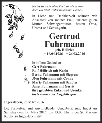 Traueranzeige von Gertrud Fuhrmann von Thüringer Allgemeine, Thüringische Landeszeitung