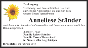 Traueranzeige von Anneliese Ständer von Thüringer Allgemeine