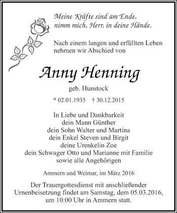 Traueranzeige von Anny Henning von Thüringer Allgemeine, Thüringische Landeszeitung