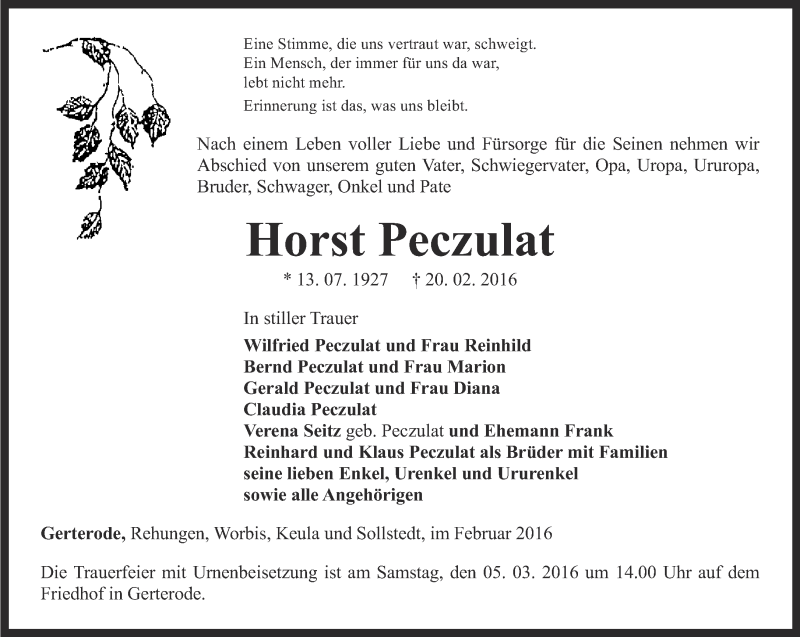  Traueranzeige für Horst Peczulat vom 01.03.2016 aus Thüringer Allgemeine