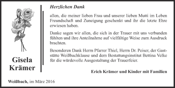 Traueranzeige von Gisela Krämer von Ostthüringer Zeitung