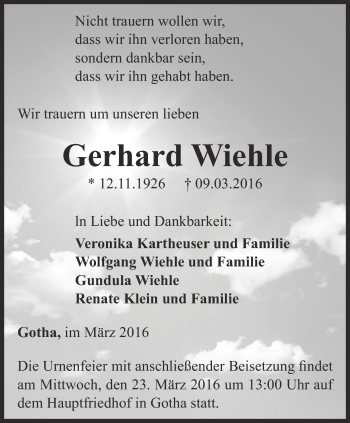 Traueranzeige von Gerhard Wiehle von Ostthüringer Zeitung, Thüringische Landeszeitung