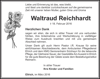 Traueranzeige von Waltraud Reichhardt von Thüringer Allgemeine
