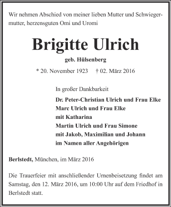 Traueranzeige von Brigitte Ulrich von Thüringer Allgemeine, Thüringische Landeszeitung