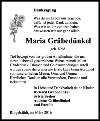 Traueranzeige von Maria Gräbedünkel von Thüringer Allgemeine