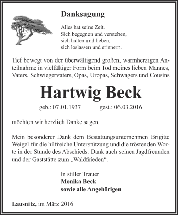 Traueranzeige von Hartwig Beck von Ostthüringer Zeitung